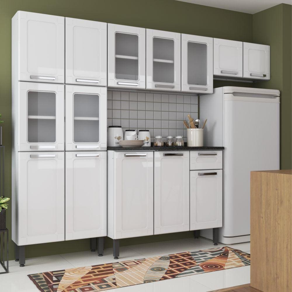Cozinha Completa De Aço Balcão 3 Portas, Paneleiro E 2 Armários Aéreo Multipla Bertolini Branco Branco