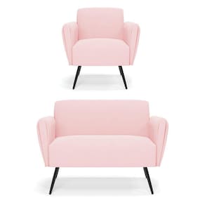 Sofá Namoradeira Com Poltrona Pés Palito De Ferro Bruna Suede - D`rossi Cor Rosa Bebê