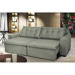 Sofá Austrália 3,12 Mts Retrátil, Reclinável Com Molas E Pillow No Assento Tecido Suede Cinza