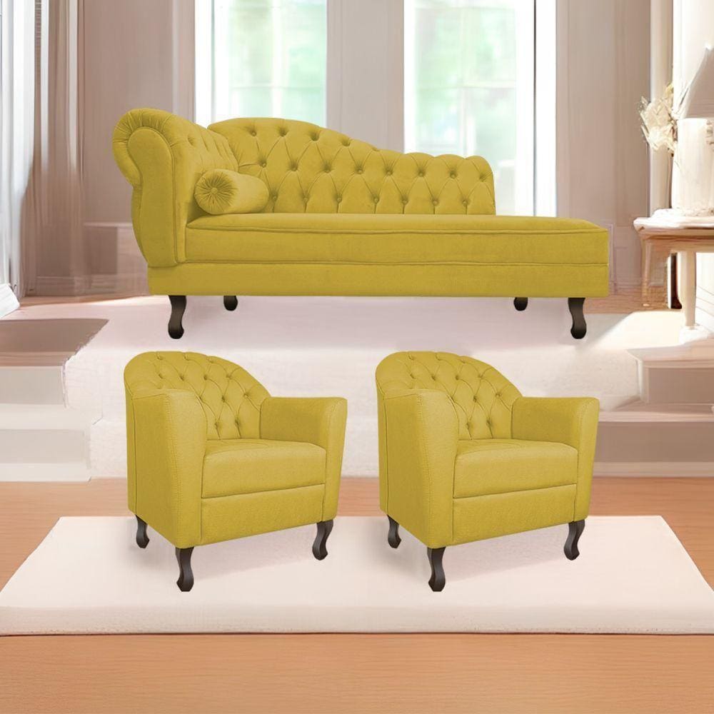 Kit Diva Recamier Diana 160Cm Lado Direito E 02 Poltronas Julia Suede - Doce Sonho Móveis Amarelo