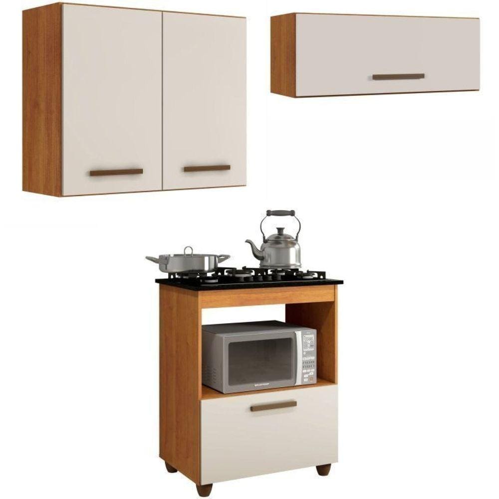 Conjunto Balcão Cooktop 5 bocas com nicho 1 porta Basculante e 2 Armários Aéreo Marrom/Off White