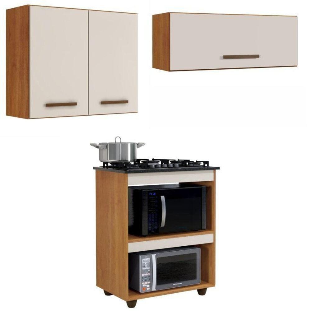 Conjunto Balcão Cooktop 5 bocas 2 nichos e 2 Armários Aéreo Marrom/Off White