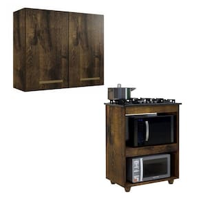 Conjunto Armário Aéreo 2 Portas e Balcão para Cooktop 4 Bocas 2 Nichos para Forno Ypê