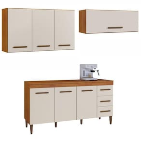 Conjunto Balcão 3 portas 3 gavetas e 2 Armários Aéreo Marrom/Off White