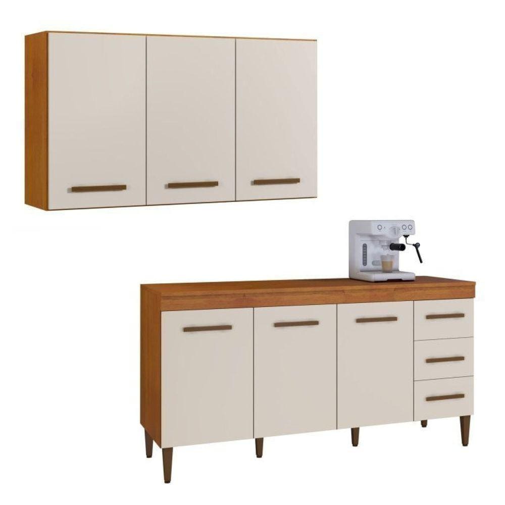 Conjunto Armário Aéreo 3 Portas e Balcão Atenas 3 Portas e 3 Gavetas Marrom/Off White