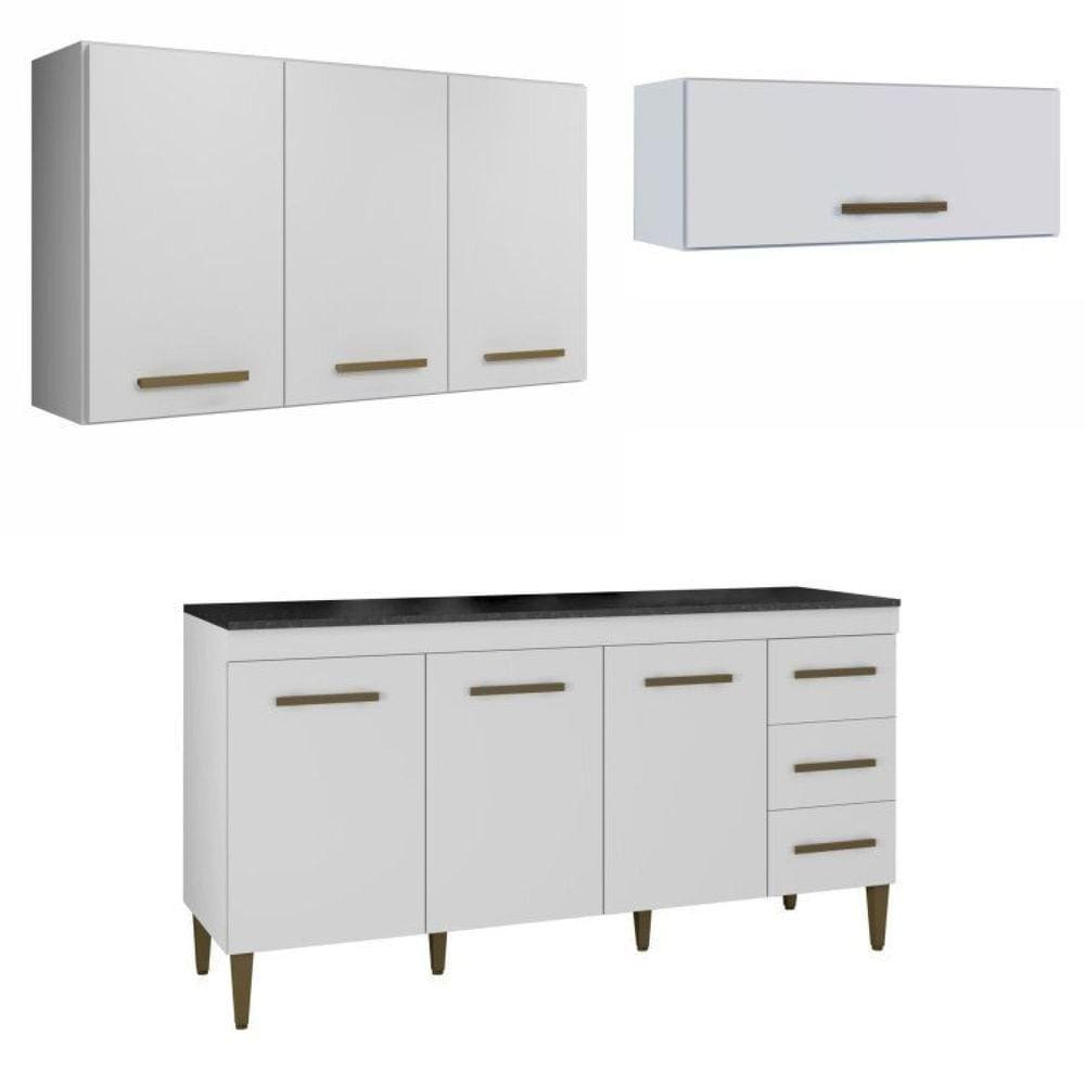 Conjunto Balcão 3 portas 3 gavetas e 2 Armários Aéreo Branco