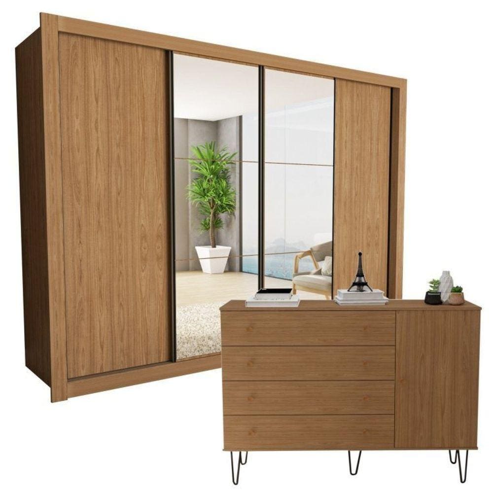 Conjunto Guarda Roupa Casal com 6 Espelhos 4 Portas e Cômoda 1 Porta 4 Gavetas Carvalho