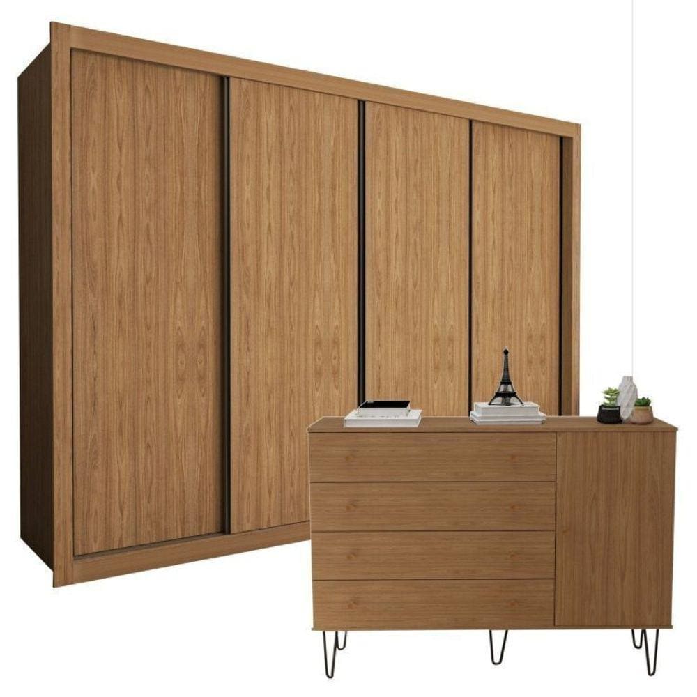 Conjunto Guarda Roupa Casal 4 Portas e Cômoda 1 Porta 4 Gavetas Carvalho