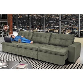Sofá Austrália 4,12 Mts Retrátil, Reclinável Com Molas E Pillow No Assento Tecido Suede Cinza