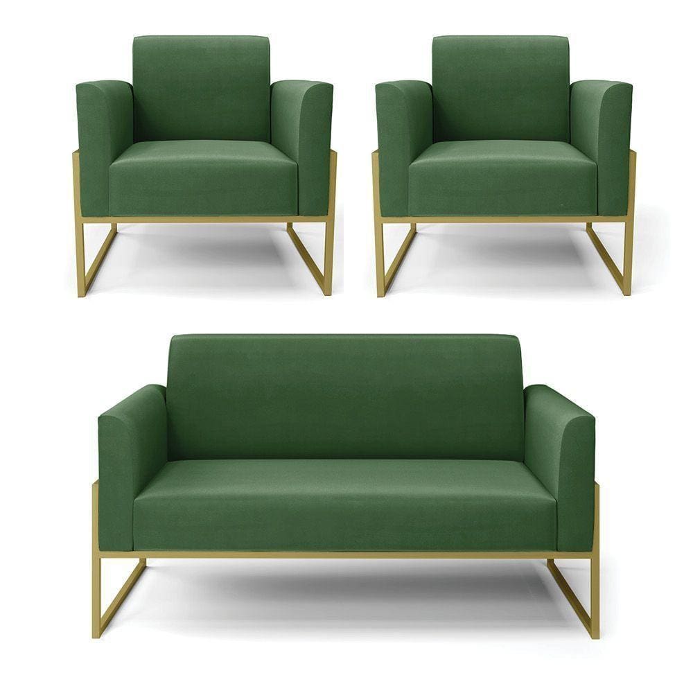 Sofá Namoradeira Com 2 Poltronas Base Industrial Alta Dourado Marisa Suede Verde D03 - D\`rossi
