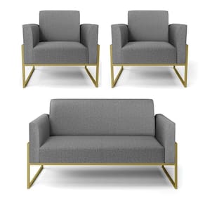 Sofá Namoradeira Com 2 Poltronas Base Industrial Alta Dourado Marisa Linho Grafite A26 D03 - D\`rossi