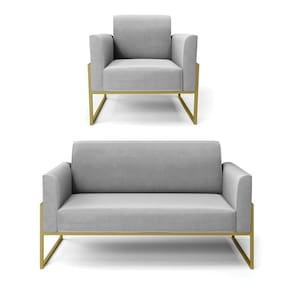 Sofá Namoradeira Com Poltrona Base Industrial Alta Dourado Marisa Suede Cinza D03 - D\`rossi