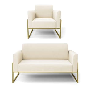Sofá Namoradeira Com Poltrona Base Industrial Alta Dourado Marisa Veludo D03 - D\`rossi Cor Bege