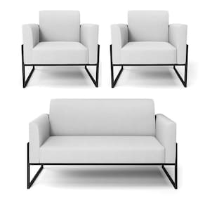 Sofá Namoradeira Com 2 Poltronas Base Industrial Alta Preto Marisa Linho D03 - D\`rossi Cor A05 Cinza