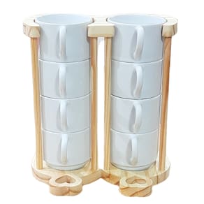 Kit Jogo 8 Xicaras Café/Chá hotel 200ml Empilháveis c/ suporte pinus - Porcelana Branca