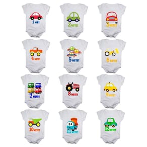 Kit body de bebê mesversario manga curta estampa carrinhos 12 bodies 1 a 12 meses