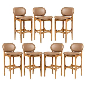 Kit 7 Banquetas Alta Estofada Rafine Madeira Castanho Tecido Impermeável Marrom