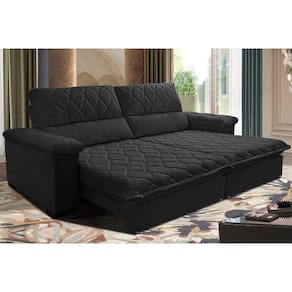 Sofá Retrátil E Reclinável 2,55m Molas Ensacadas Cama Inbox Big Home Com Bordado 3d Velusoft Preto