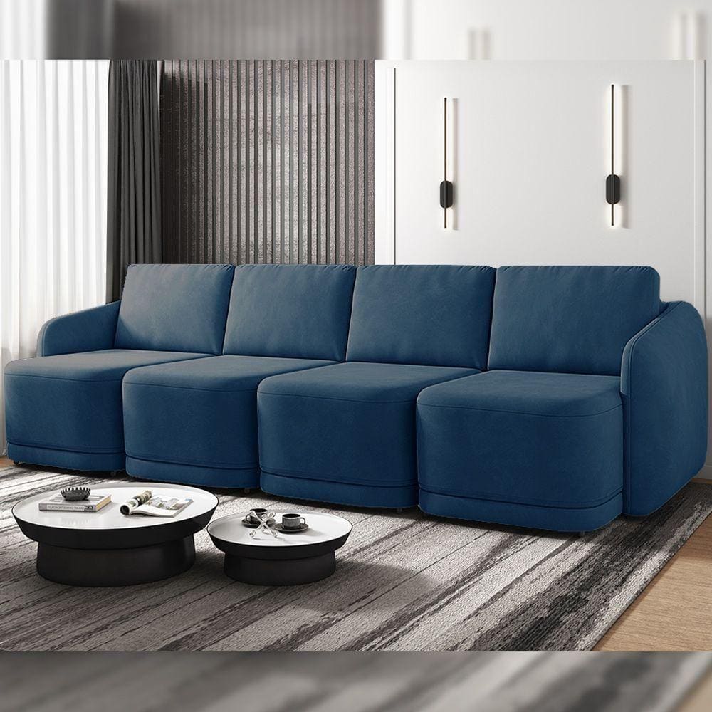 Sofá Cama Modulado Retrátil E Reclinável Varsóvia 396cm Veludo Azul Marinho G33 - Gran Belo