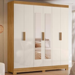 Guarda Roupa Casal 6 Portas 2 Gavetas Com Espelho Freijó / Off White Valença - Moval