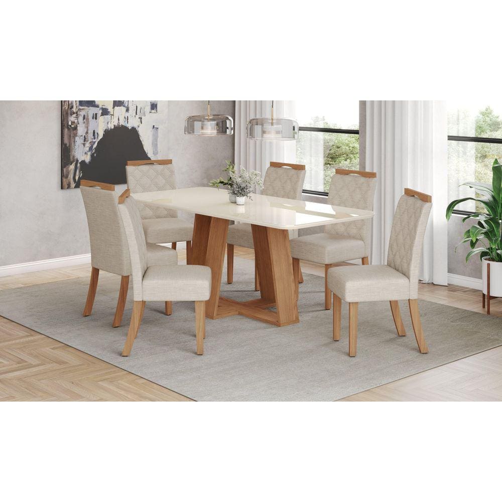 Mesa de Jantar Lins 200 C. Vidro 6 Cad. Bella Linho - Henn