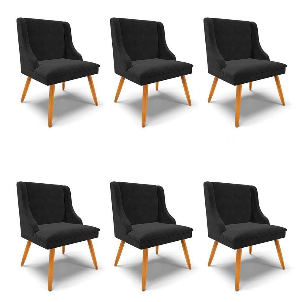 Kit 6 Cadeiras Estofadas Para Sala De Jantar Pés Palito Lia Suede Preto - Ibiza