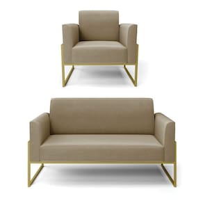 Sofá Namoradeira Com Poltrona Base Industrial Alta Dourado Marisa Suede Marrom Rato D03 - D\`rossi