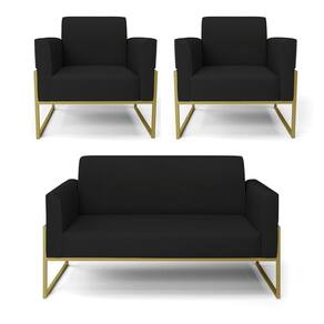 Sofá Namoradeira Com 2 Poltronas Base Industrial Alta Dourado Marisa Linho Preto A79 D03 - D\`rossi