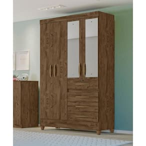 Guarda Roupa Solteiro 4 Portas Com Espelho 4 Gavetas Castanho Wood Sobral - Moval