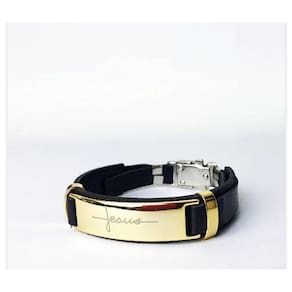 Pulseira Bracelete Masculino Feminino Couro Sintético Ajustável Aço Inox Manuscrito Jesus Religiosa Dourado Preto