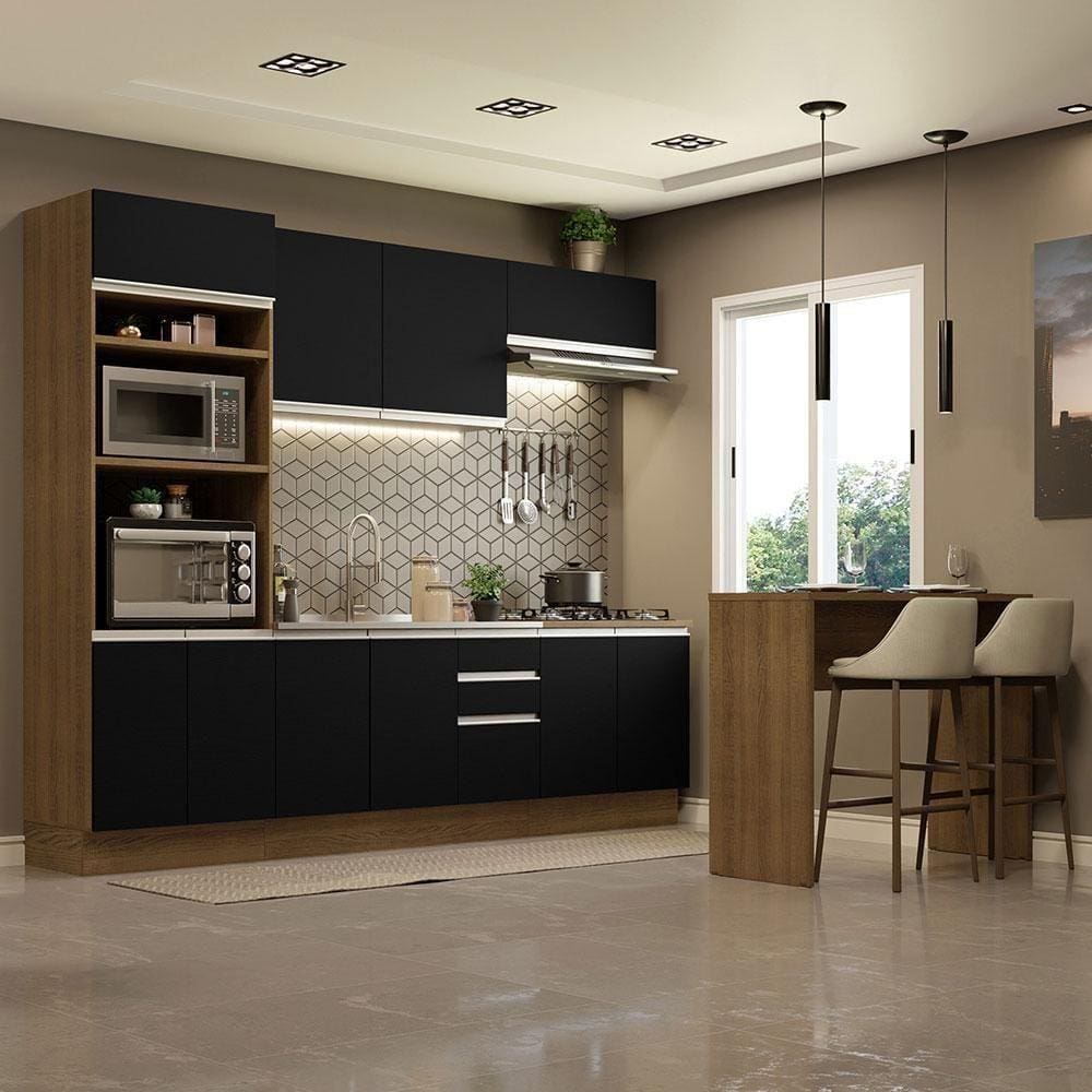 Cozinha 315002 Com Armário, Balcão E Bancada Rustic/Preto