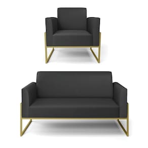 Sofá Namoradeira Com Poltrona Base Industrial Alta Dourado Marisa Corino Preto D03 - D\`rossi