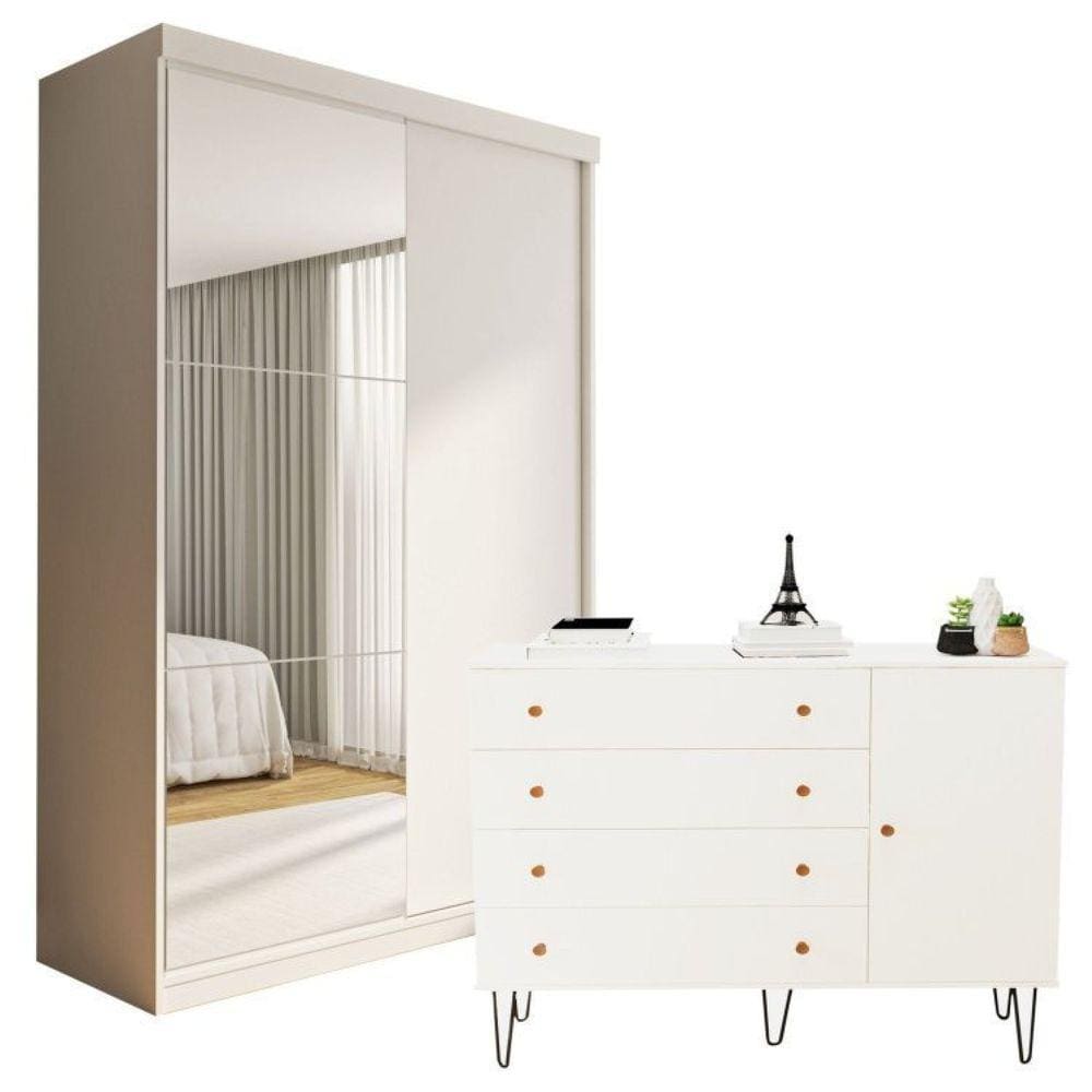 Conjunto Guarda-Roupa Solteiro 2 Portas de Correr e Cômoda 1 Porta 4 Gavetas Branco