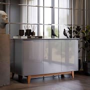 Aparador Buffet Quarto Sala Flow 3 Portas com Pés de Madeira Cinza - Rede Móveis