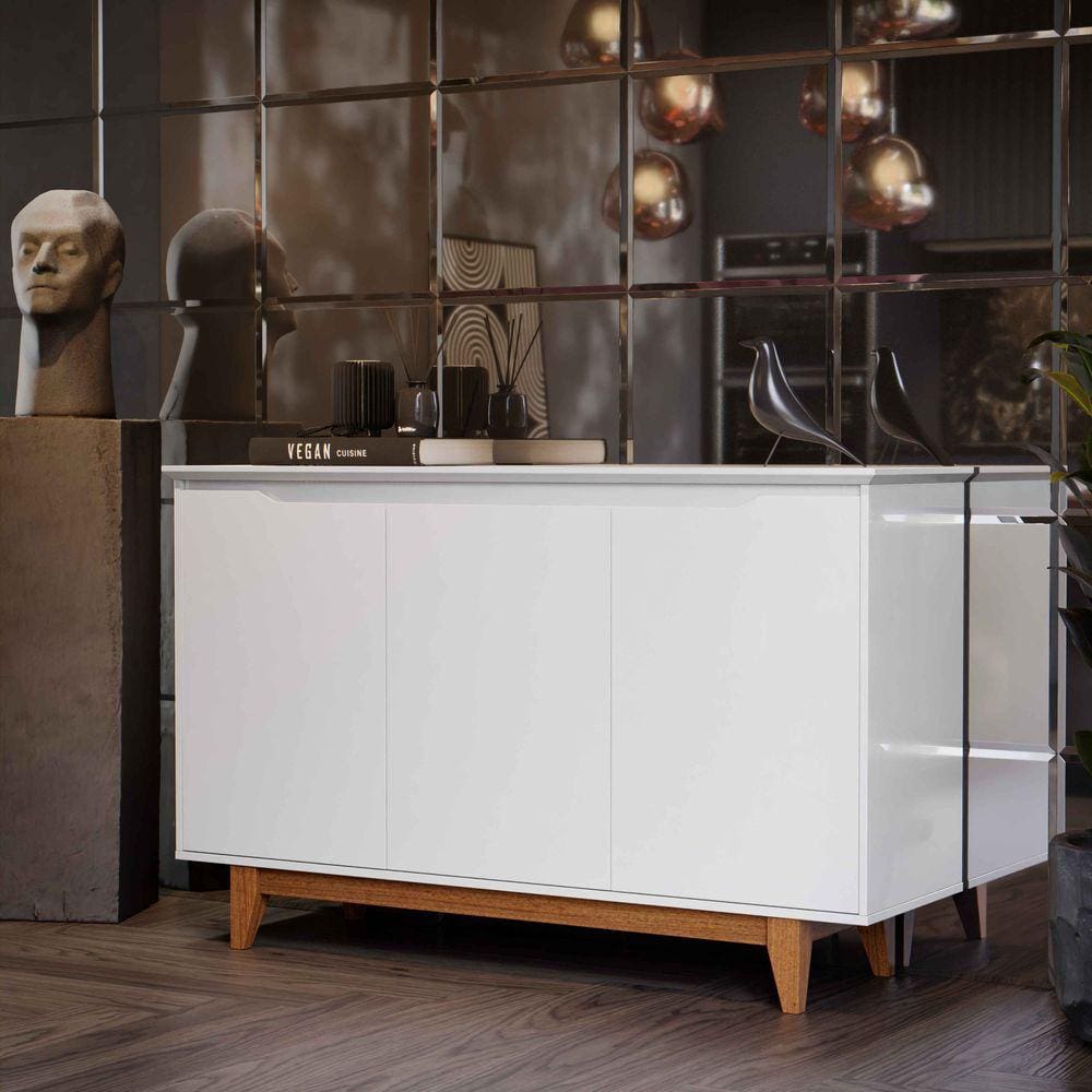 Aparador Buffet Quarto Sala Flow 3 Portas com Pés de Madeira Branco - Rede Móveis