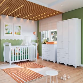 Quarto de Bebê com Guarda Roupa 3 Portas Cômoda 1 Porta 4 Gavetas e Berço Nina 100% MDF Espresso Móveis Branco Brilho