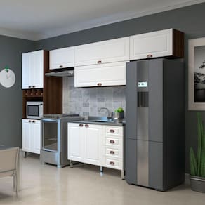 Armário De Cozinha Compacta 5 Peças Sem Tampo Com Espaço Para Forno Safira Luciane Móveis Nogueira Dourado Com Branco Pet