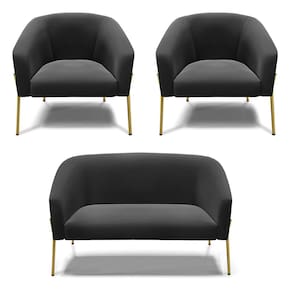 Sofá Namoradeira e 2 Poltronas Pé de Ferro Dourado Stella Suede Preto D03 - D`Rossi