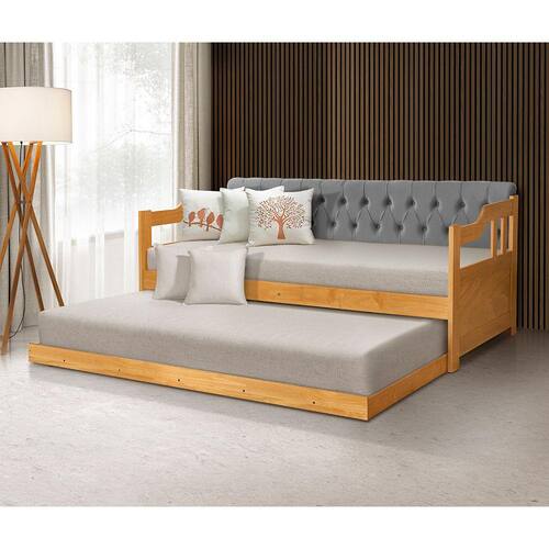 Sofá Cama Dublin Estofado Capitonê Veludo Cinza Madeira Maciça com Cama Auxiliar - Imbuia