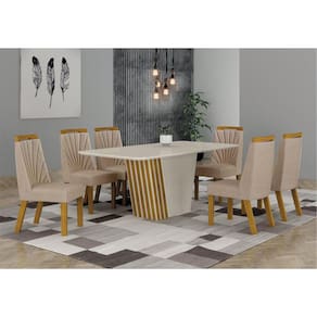 Conjunto Sala de Jantar Mesa 1,80 com 6 Cadeiras Liz Off/freijo/off-palha