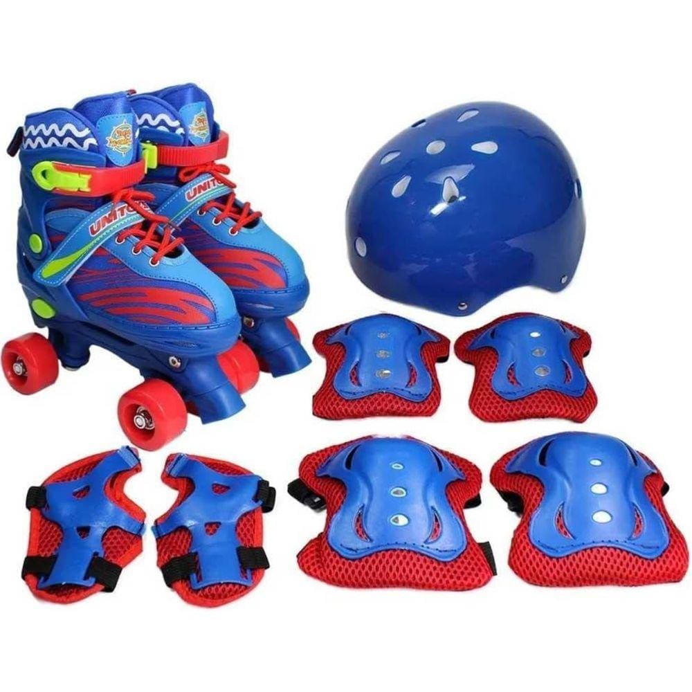 Patins 4 rodas Azul Menino 30 ao 33 com kit de proteção infantil e capacete Uni Toys