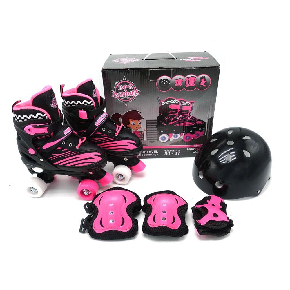 Patins Infantil Rosa Violeta Uni Toys Quad com kit de proteção Capacete Tamanho P 30 ao 33
