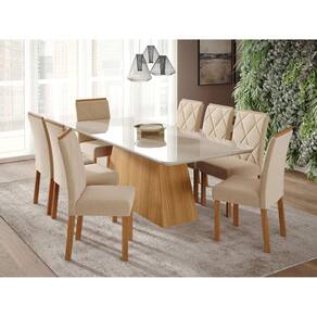 Sala de Jantar Helena 210cm com 8 Cadeiras Fernanda marrom/off white/madeira/nude