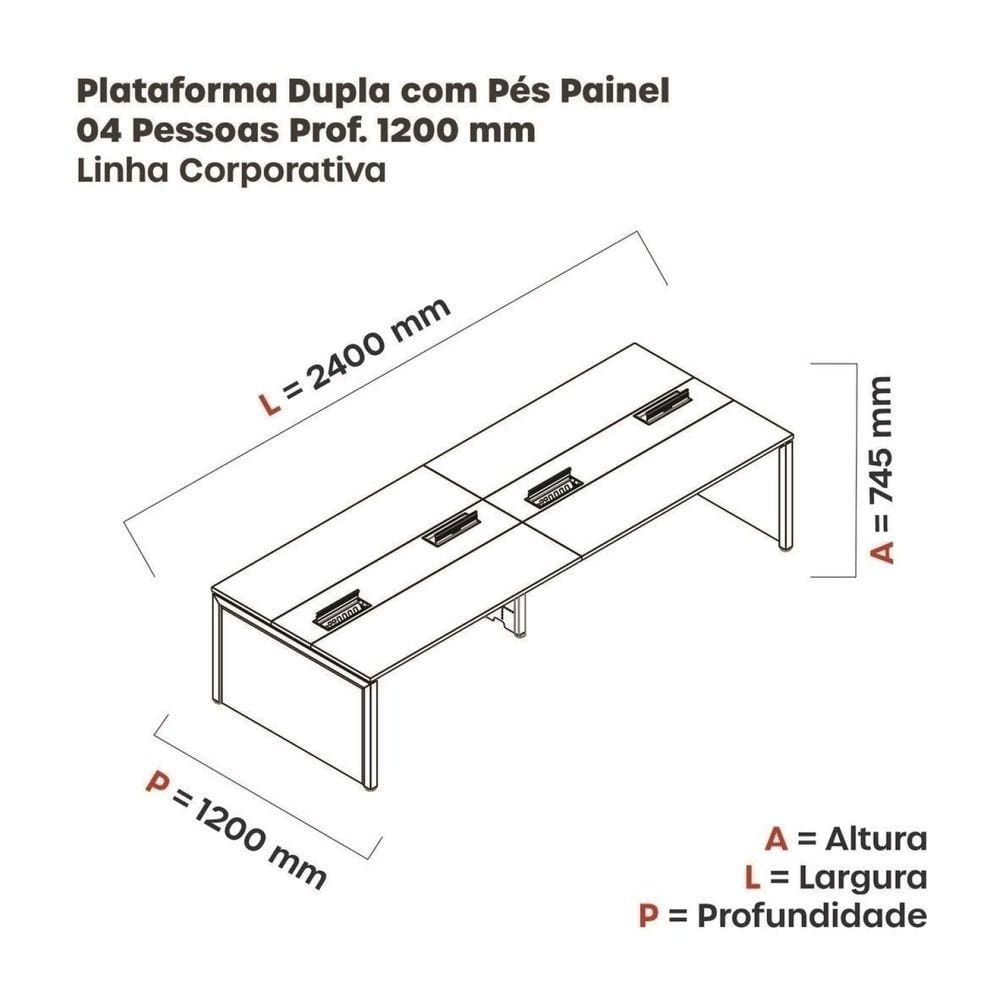 Mesa Plataforma Dupla para 4 Lugares para Coworking 120x120/4p Preto/Branco