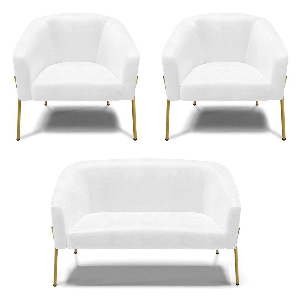 Sofá Namoradeira e 2 Poltronas Pé de Ferro Dourado Stella Corano Branco D03 - D`Rossi