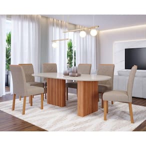 Sala de Jantar Ester 210cm Oval com 6 Cadeiras Fernanda Wood Cinamomo/Off White/Mad/Bege
