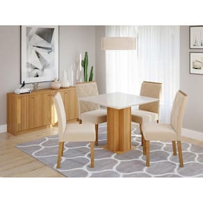 Sala de Jantar Sophia Tampo Mdf/vidro 0,95cm com 4 Cadeiras Fernanda Wood marrom/off white/madeira/nude