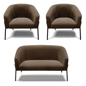 Sofá Namoradeira e 2 Poltronas Pé de Ferro Preto Stella Suede Marrom D03 - D`Rossi