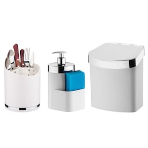 Kit Lixeira 2,5L Dispenser Porta Detergente Esponja Escorredor Talheres De Pia Branco Cromado - Future