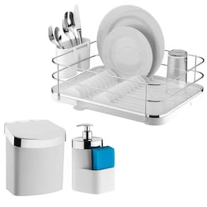 Kit Escorredor De Louça Talheres Lixeira 2,5L Dispenser Porta Detergente Cozinha Branco Cromado - Future